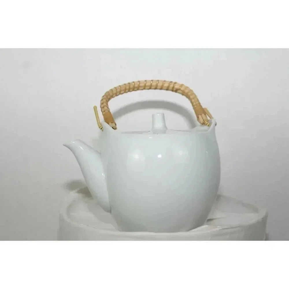 White Japanese bamboo handle tea pot 5in wide 5in tall